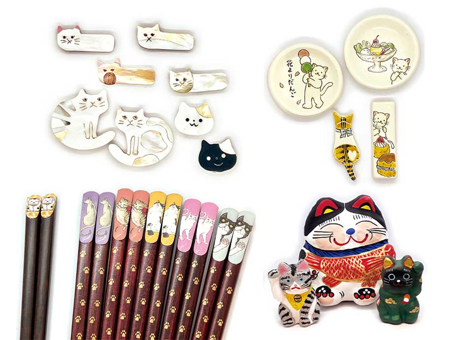 猫モチーフの箸、箸置、うつわ春日部張子 招き猫