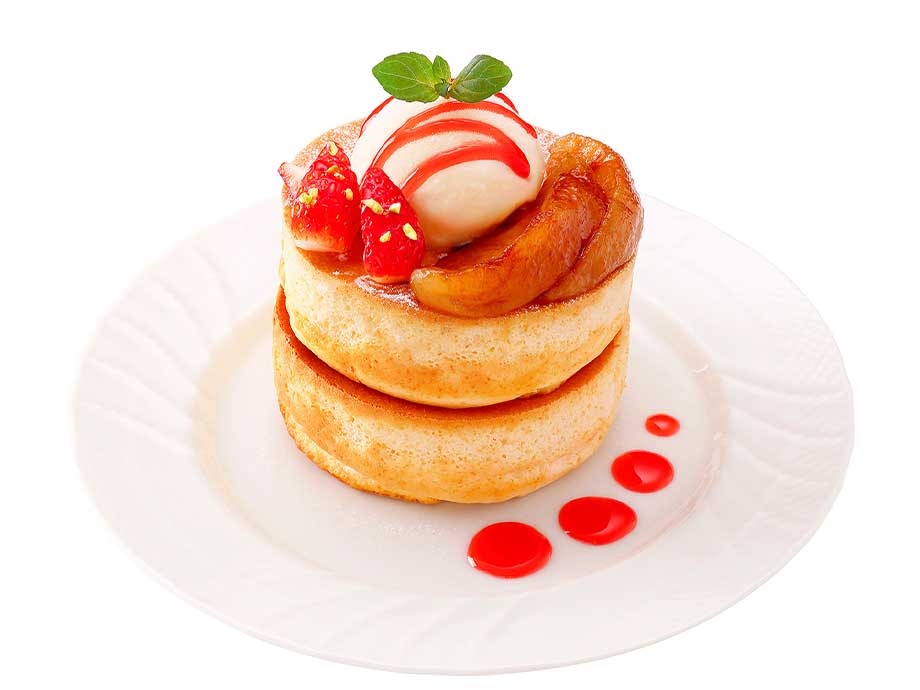 キャラメルりんごと苺のスフレパンケーキダブル