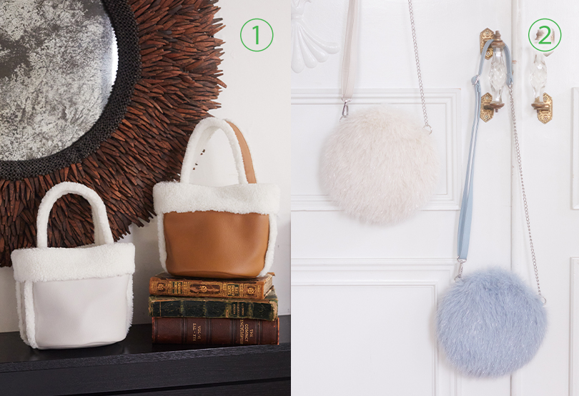 ①ムートン風ボアバッグ ②ファーラウンドバッグ