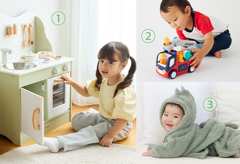 ①おままごとキッチン ②音がいっぱい！自分で走るしょうぼうしゃ ③ぬいぐるみケープ（全5色）